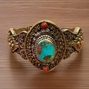 Hand Carved Tibetan Auspicious Adjustable Cuff Bracelet Silver,Bronze & Stones